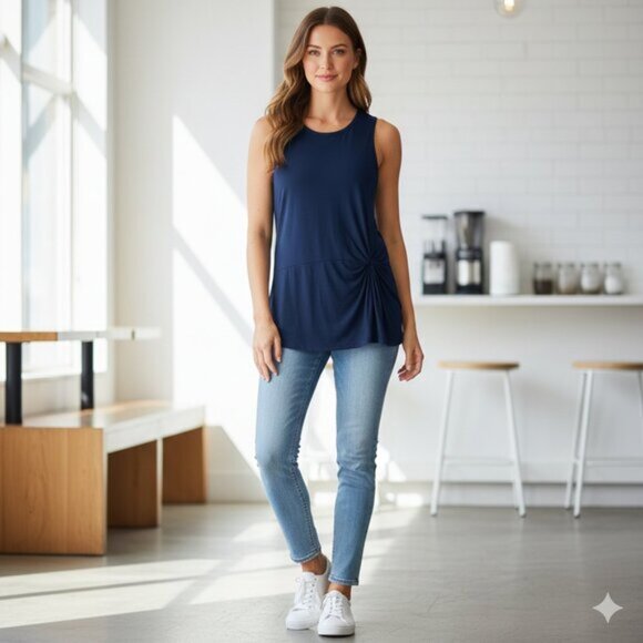 Halogen Women's Tank Top Blouse Navy Blue Draped side Size XS - Picture 11 of 11